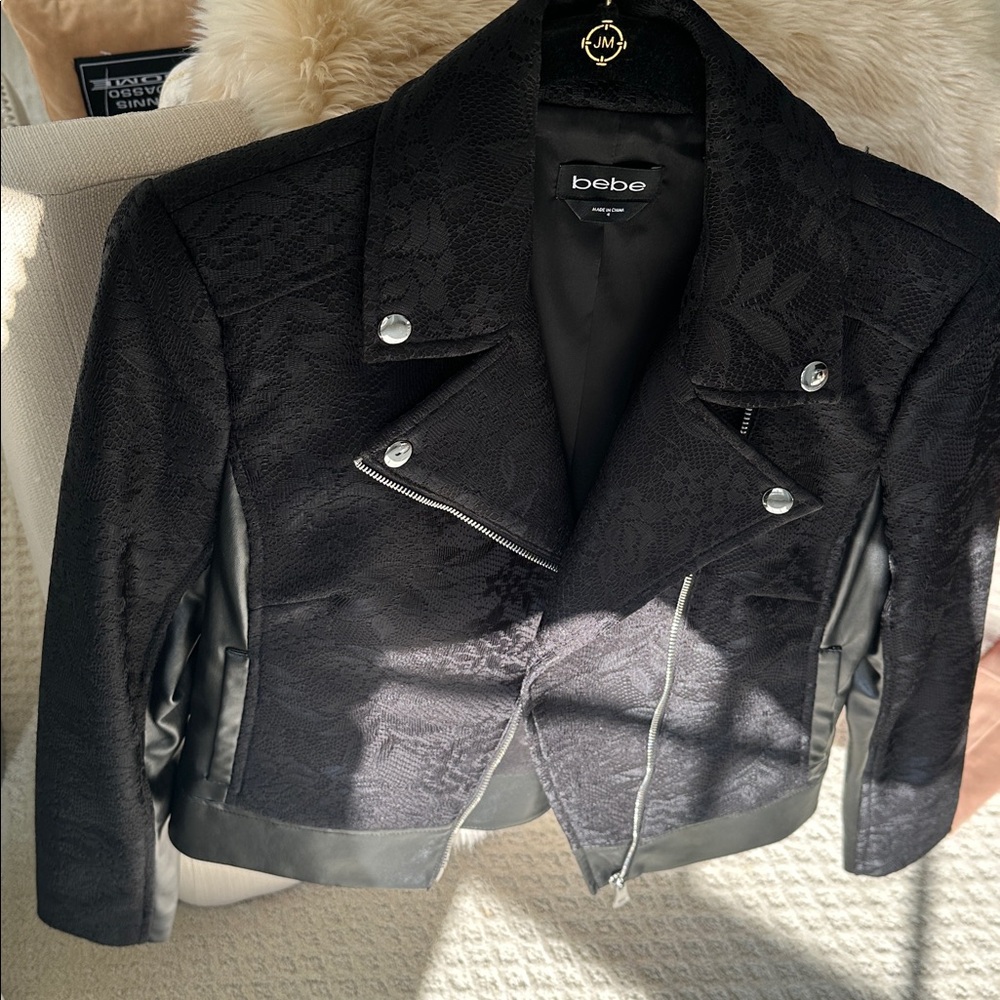 Bebe Black Textured lace and Leather Jacket - Picture 7 of 11